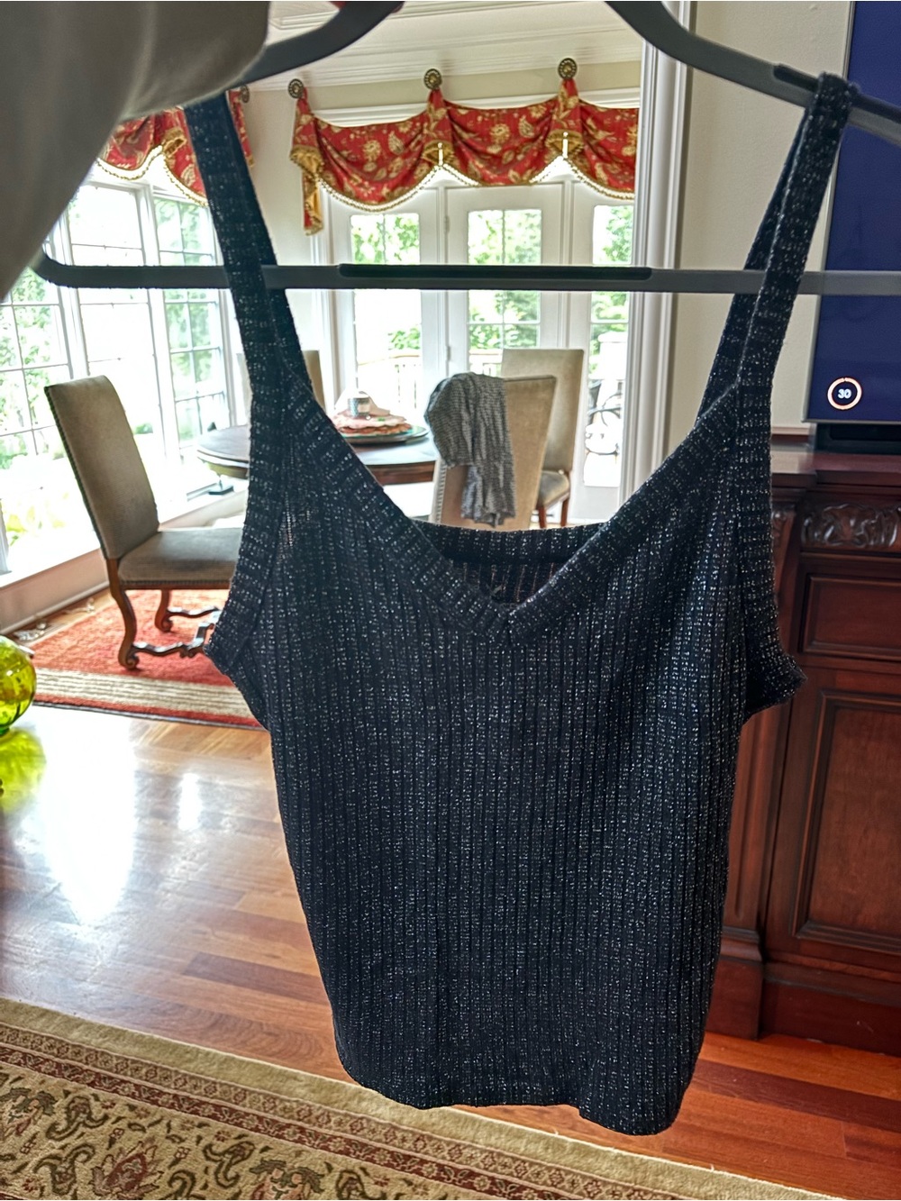 American Eagle Outfitters Black Metallic Ribbed V-Neck Tank